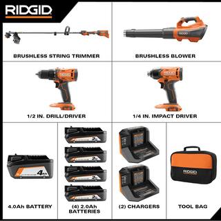 RIDGID 18V Brushless Cordless String Trimmer Leaf Blower DrillDriver and Impact Driver with (3) Batteries and (2) Chargers R019001-R9272