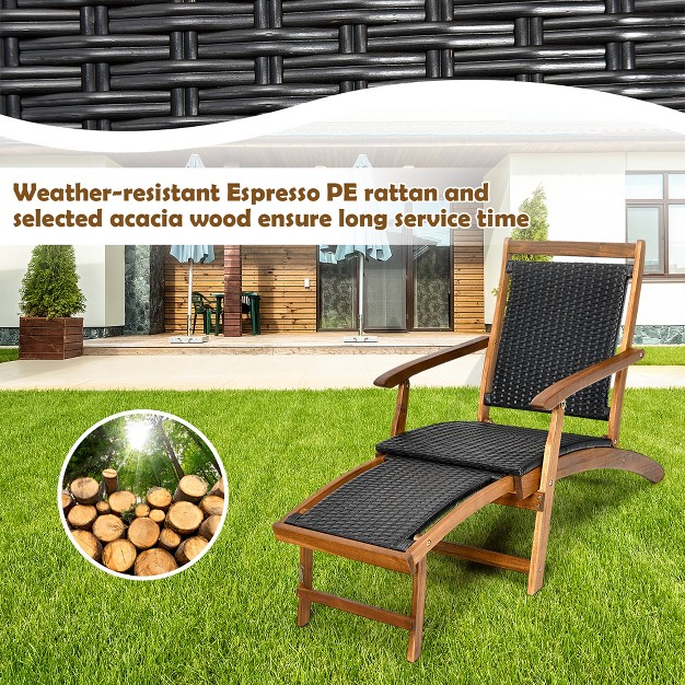 Costway Patio Folding Rattan Lounge Chair Wooden Frame W Retractable Footrest