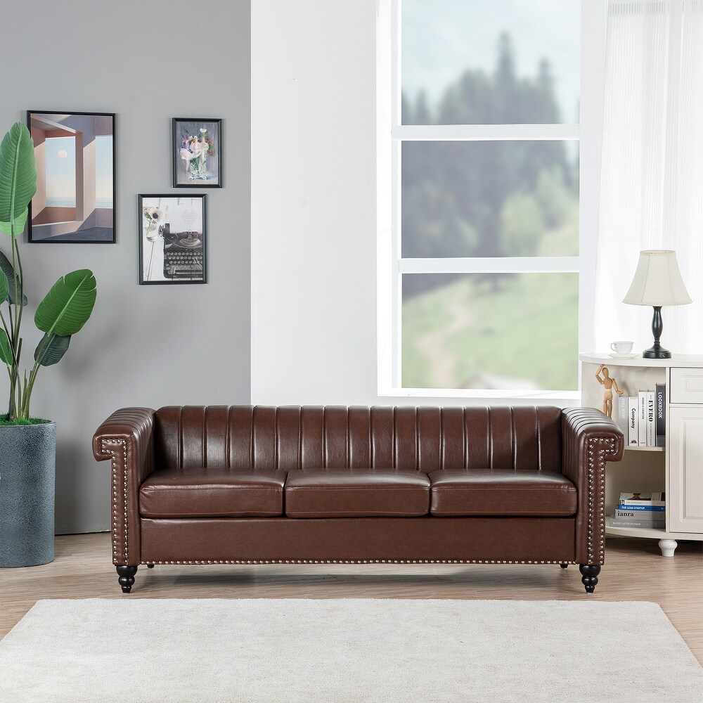 Removable Cushion Couch PU 3 Seater Sofa w/ Nailheads Square Arm  Brown