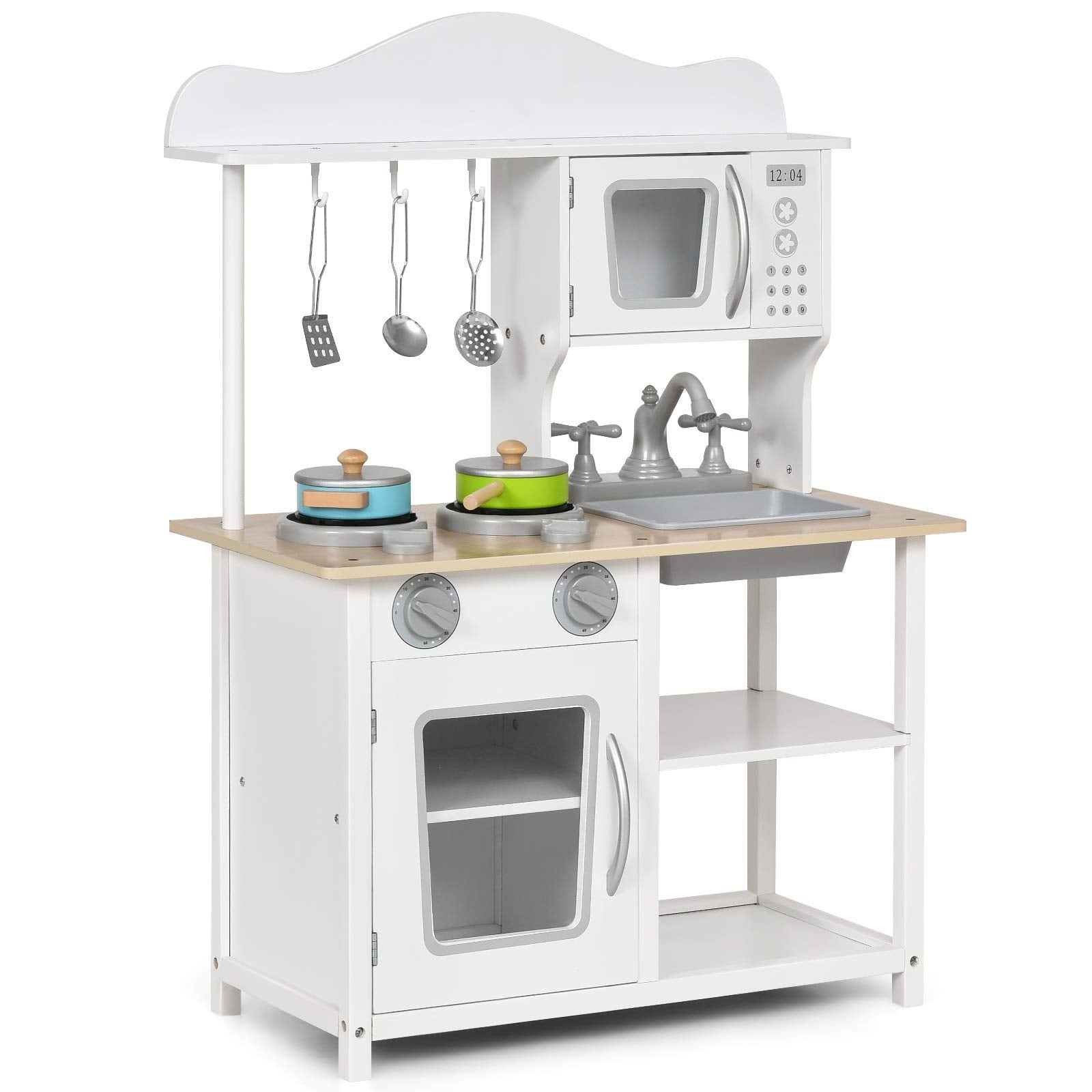 Costzon Kids Kitchen Playset, Wooden Play Kitchen w/ Sink (White)