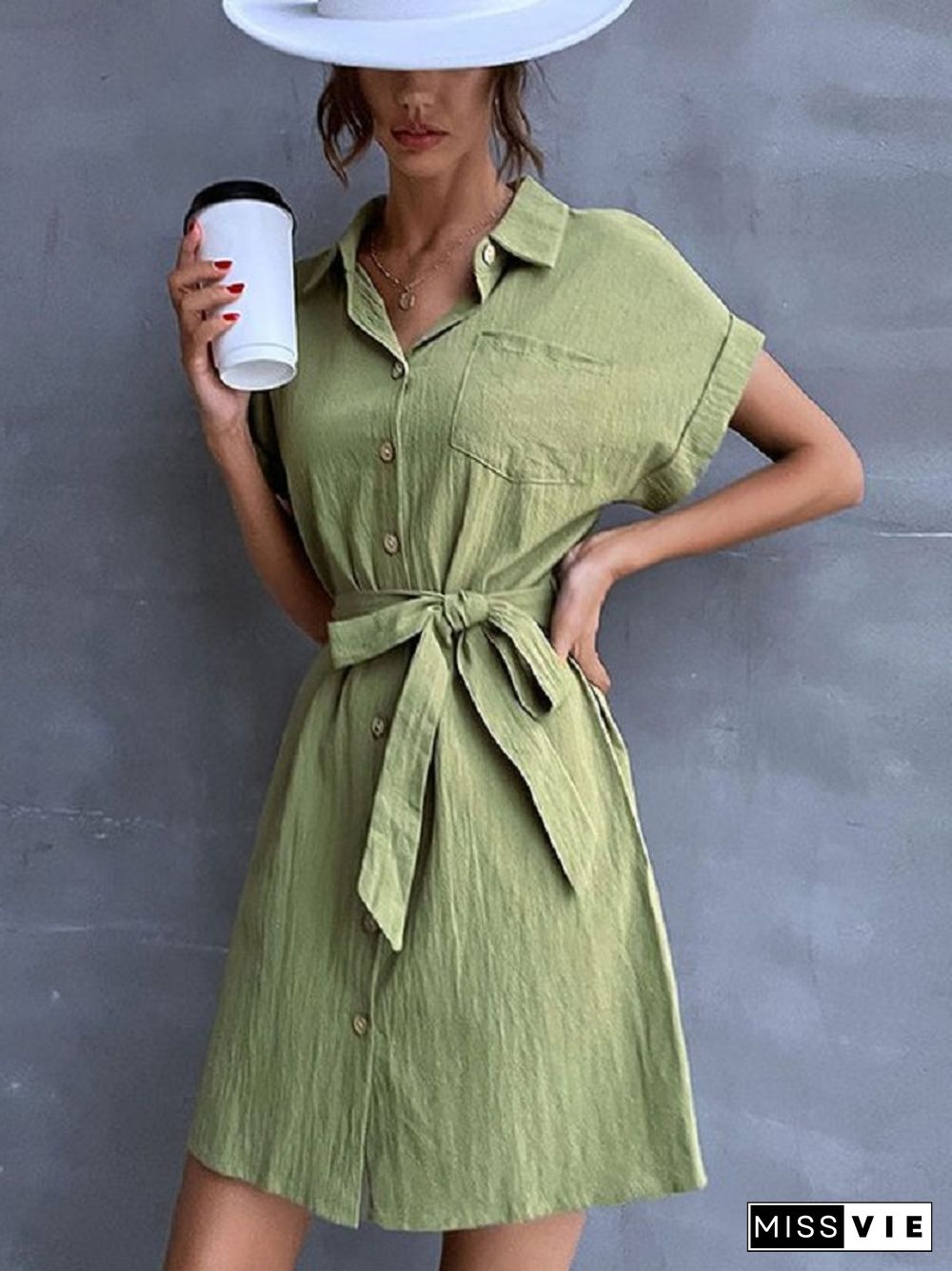 Lapel Lace Up Green Commuter Shirt Cotton Linen Dress Linen