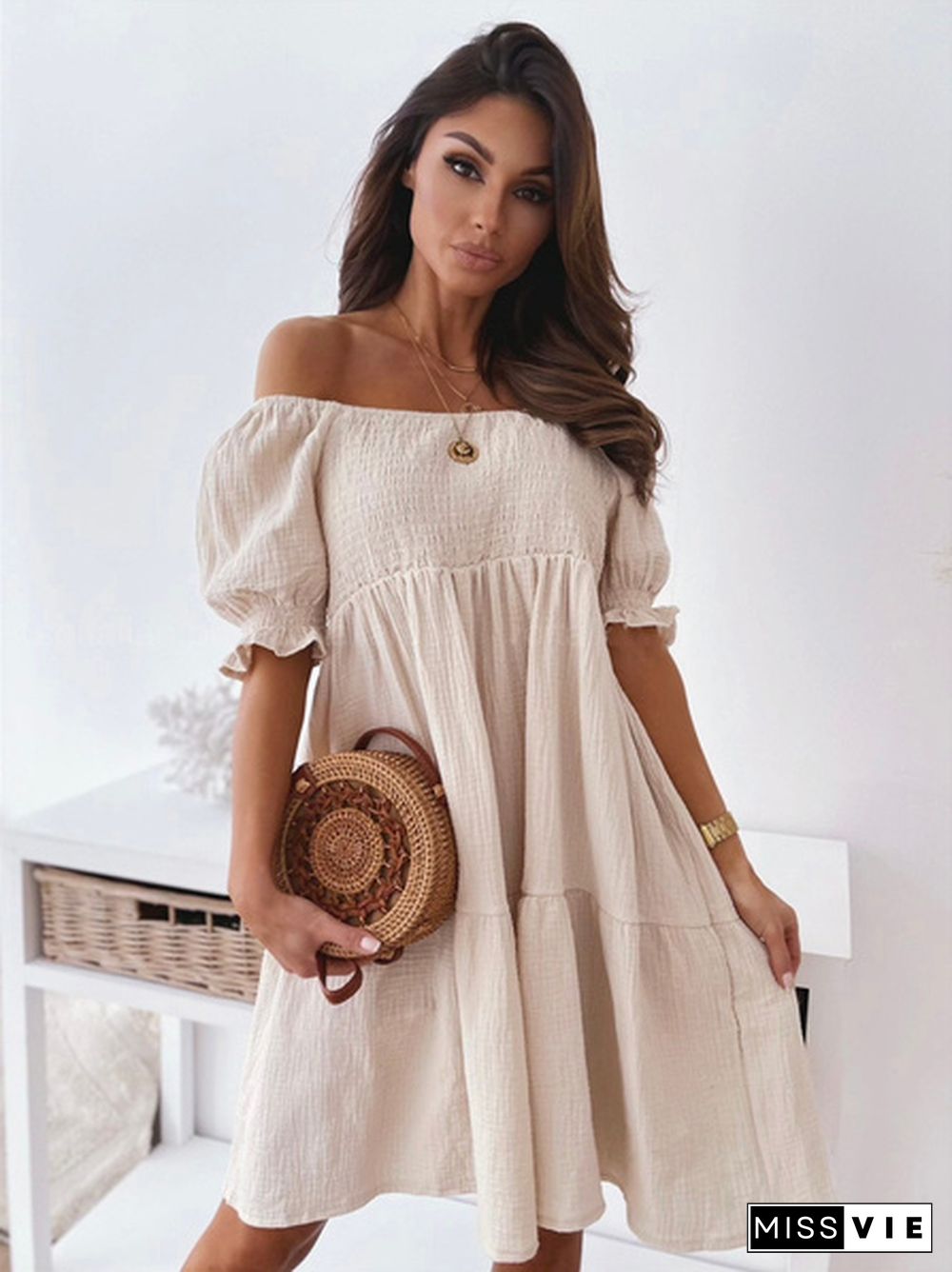 Summer Women Casual Dress Slash Collar Off Shoulder Dress Plus Size Mini Women Dress