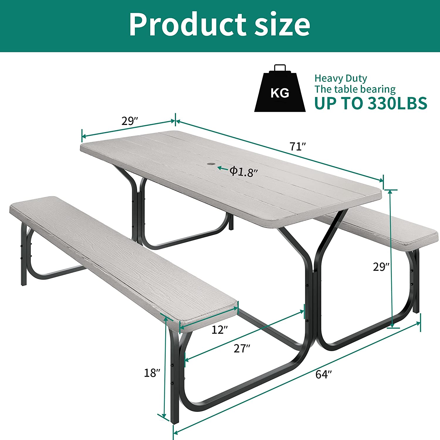 DWVO Picnic Table 6ft Heavy Duty Outdoor Picnic Table and Bench Resin Tabletop and Stable Steel Frame w/Umbrella Hole for Yard Patio Lawn Party Light Gray