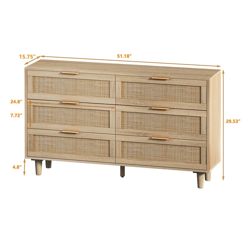 6 Drawer Dresser  Modern Rattan Dresser Chest with Wide Drawers  Farmhouse Storage Chest of Drawers for Bedroom  Living Room