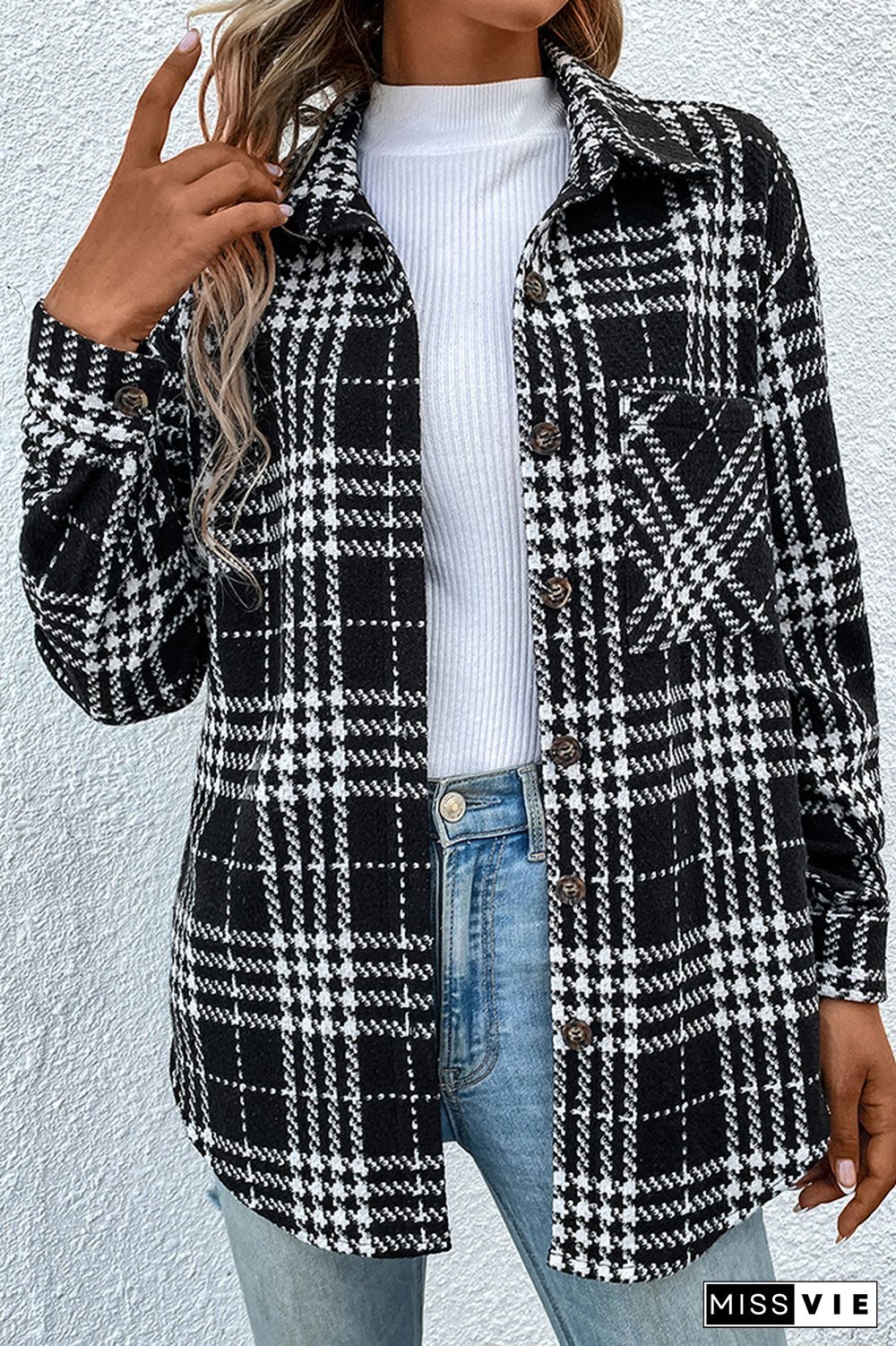 Black Plaid Pockets Button Jackets