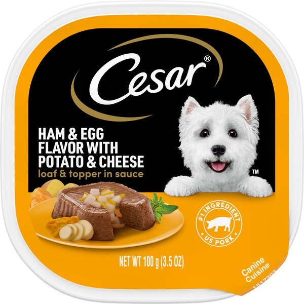 Cesar Loaf and Topper in Sauce Ham and Egg Flavor with Potato and Cheese Dog Food Trays