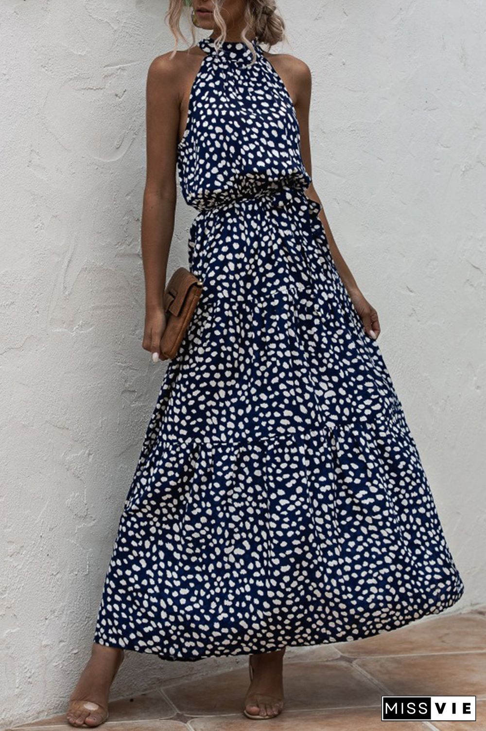 Halter Polka Dot Print Tie Waist Maxi Dress Wholesale