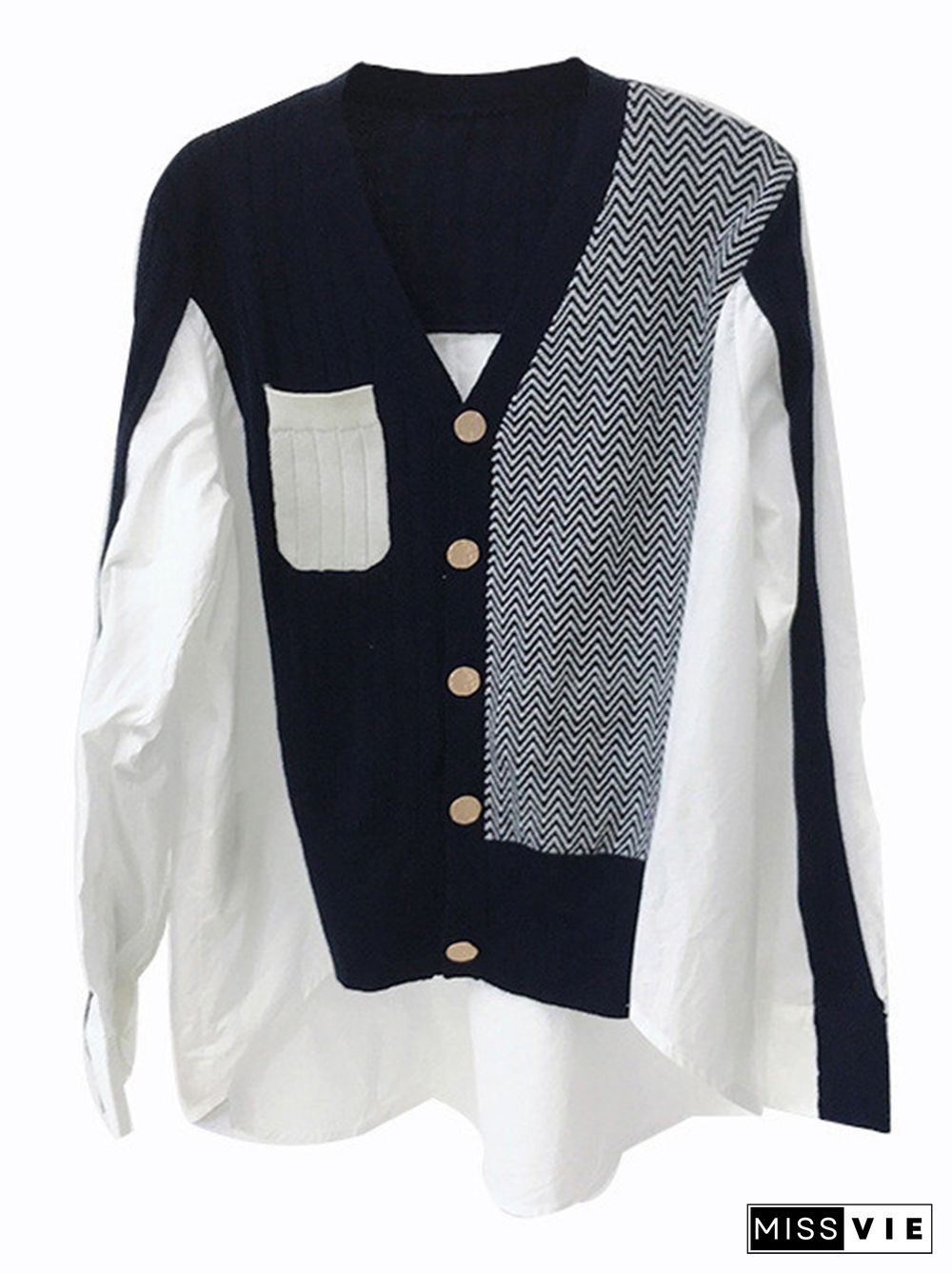 Urban Long Sleeves Contrast Color Split-Joint V-Neck Cardigan Tops