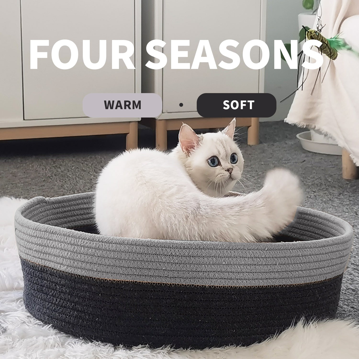 All For Paws Oval Woven Cat Bed with Removable Soft Cushion Cotton Rope Basket， Grey