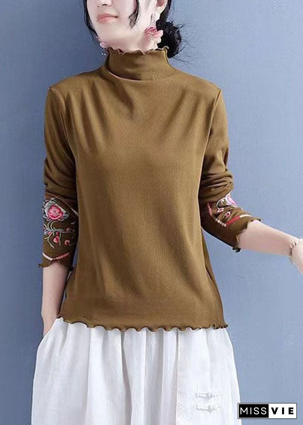 Slim Fit Khaki Ruffled Embroideried Cotton Blouses Spring