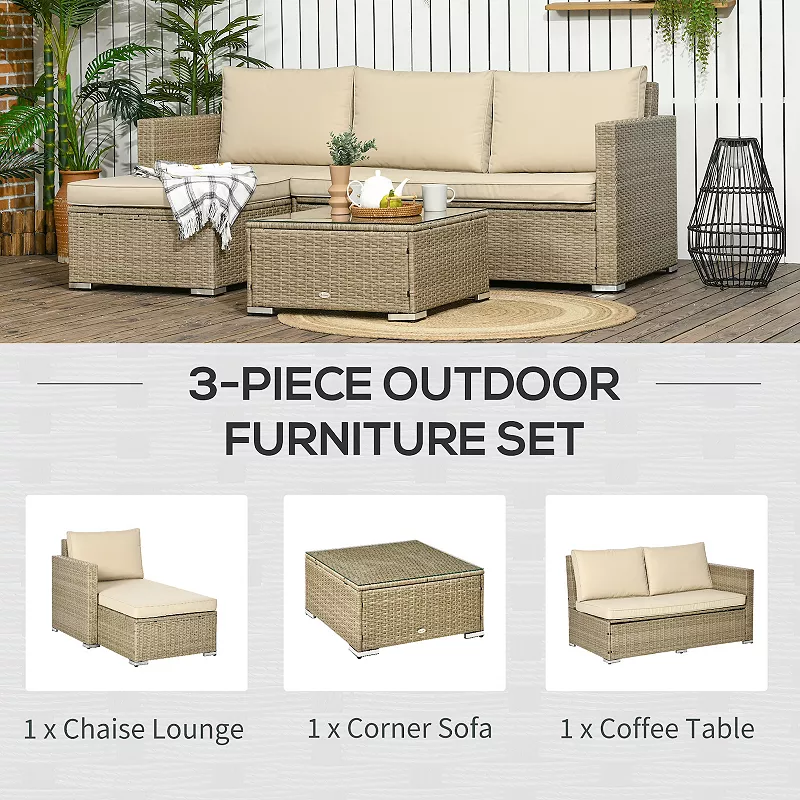 Outsunny Rattan Wicker Furniture Set with Coffee Table and Storage， Khaki