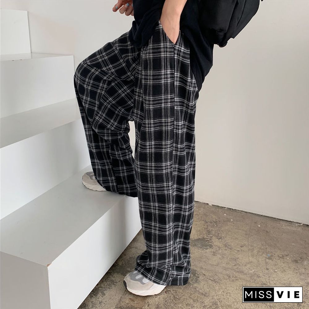 Black And Pink Plaid Pants Oversize Women Pants High Waist Loose Wide Leg Trousers Ins Retro Teens Straight Trousers Streetwear