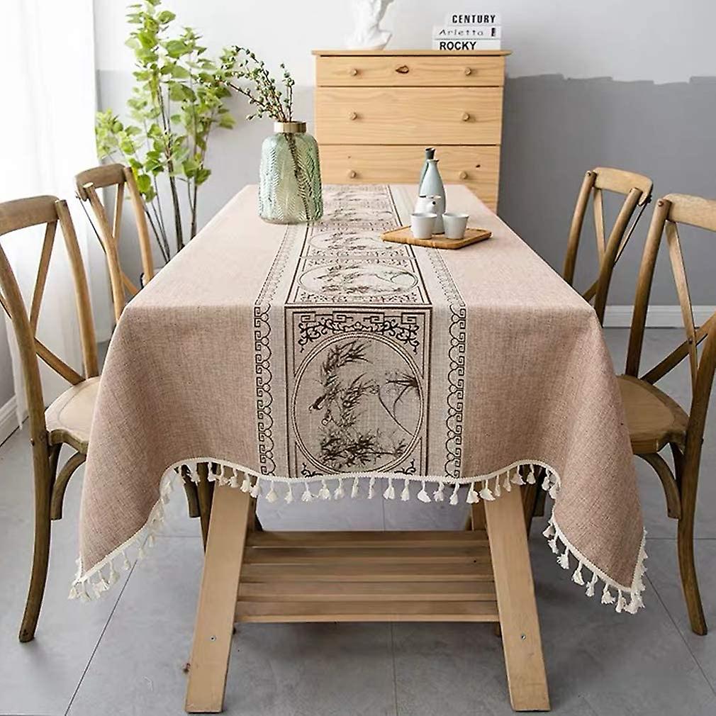 Vintage Cotton Linen Table Cloth Rectangle Dust-proof Tablecloth Stitching Tassel Embroidered Tablecloth For Kitchen Dining (pink Brown， Chinese Style