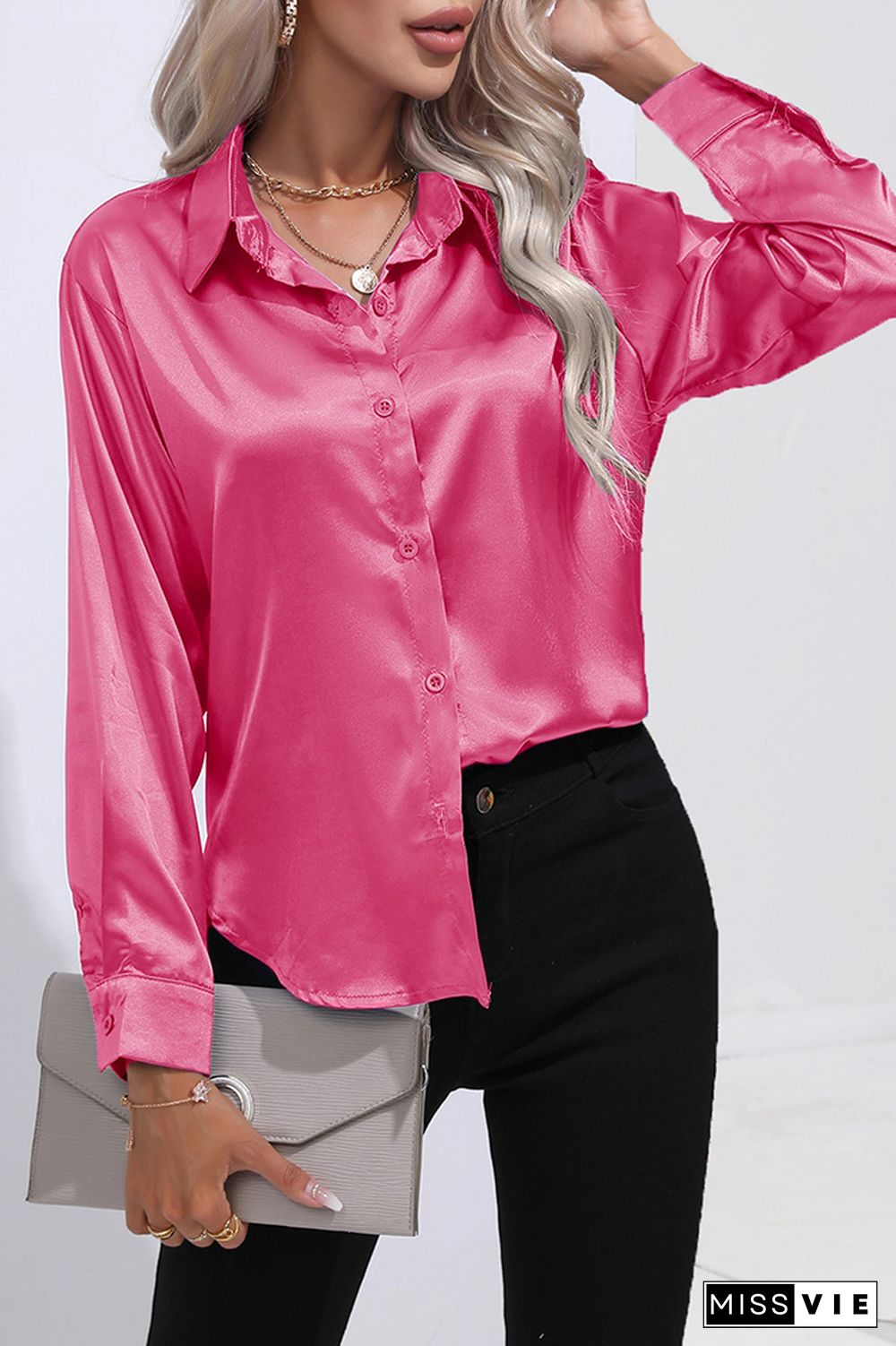 Plain Silky Open Button Long Sleeves Blouse Shirt