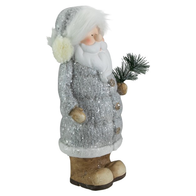 Ceramic Santa In Gray Coat Holding Pine Sprig Christmas Figure