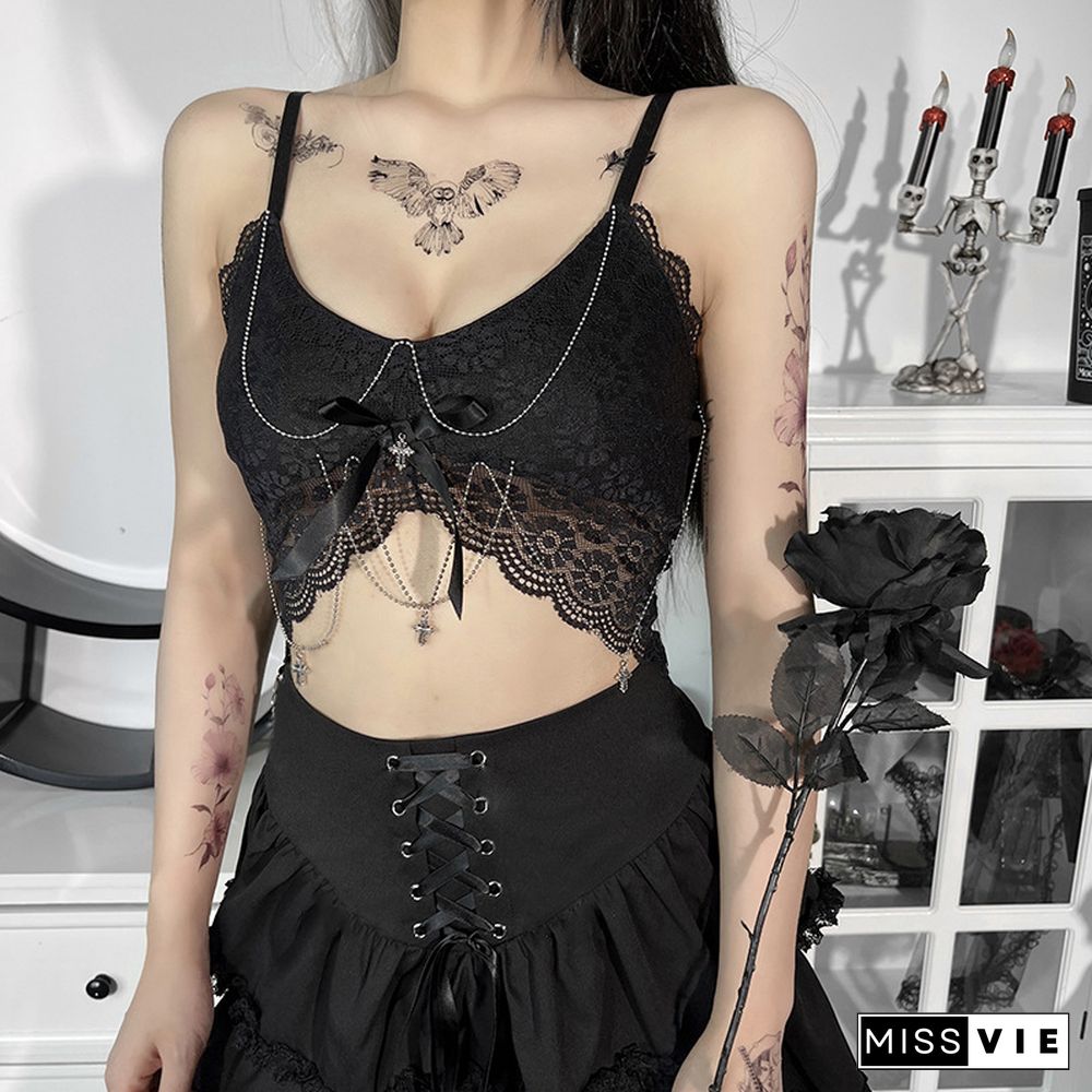 Lace Crop Top Summer Gothic Women V Neck Camisole With Bow Punk Style T Shirts Vest Dark Academia Clothes Streetwear