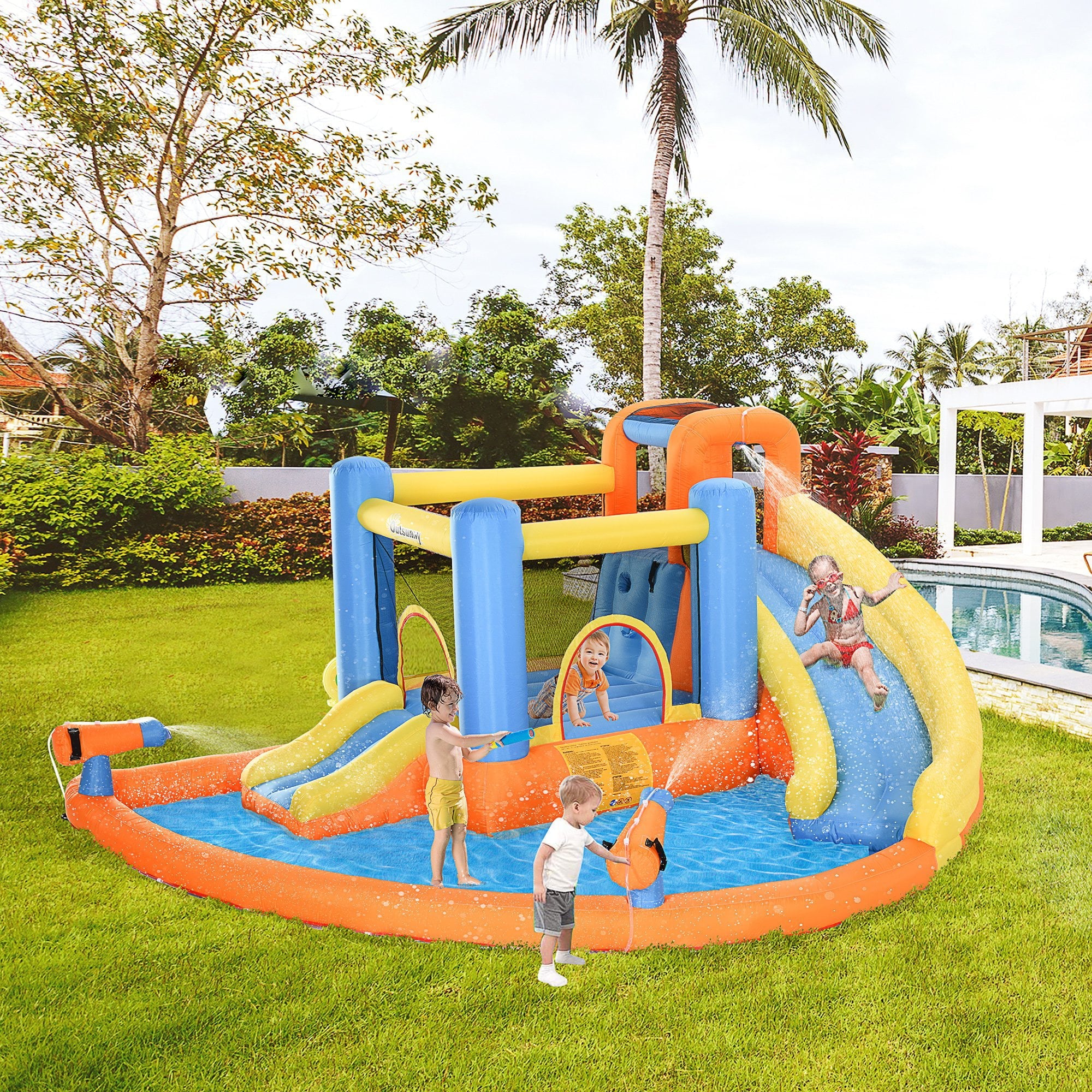 Dcenta 5-in-1 Kids Inflatable House Jumping Castle with Water Pool, Slide, Climbing Walls, & 2 Water Guns