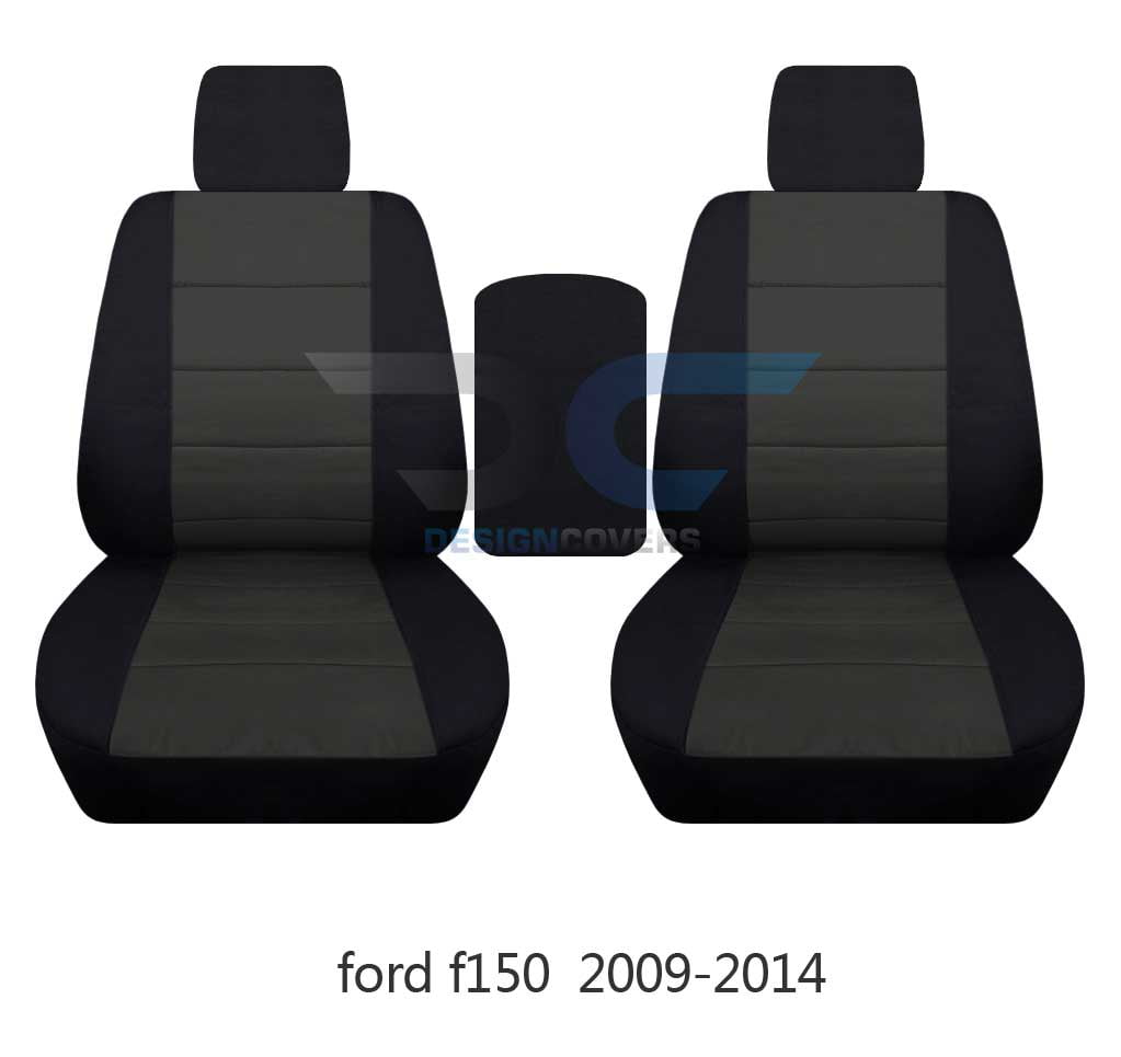 T148-Designcovers Compatible with 2009-2014 Ford F-150 Two-Tone Bucket Truck Seat Covers w 2 Headrests + Center Center Center Console Lid size:ALL Except XLT and Texas Edition: Black and Charcoal Velour