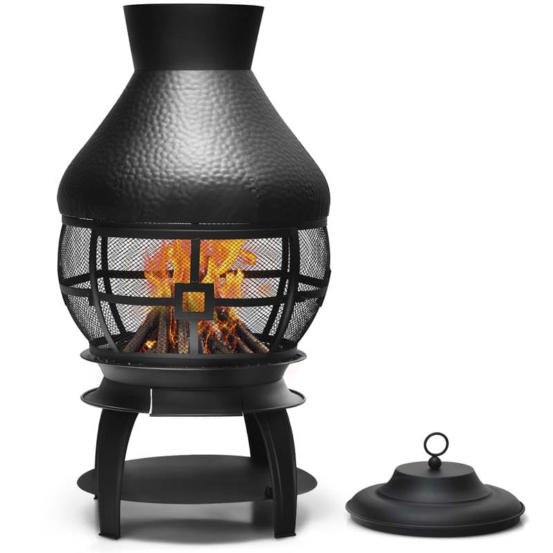 Outdoor Fireplace Chimenea Wood Burning Fire Pit with 2-Piece Log Grate, Premium Rain Cap & Fire Poker