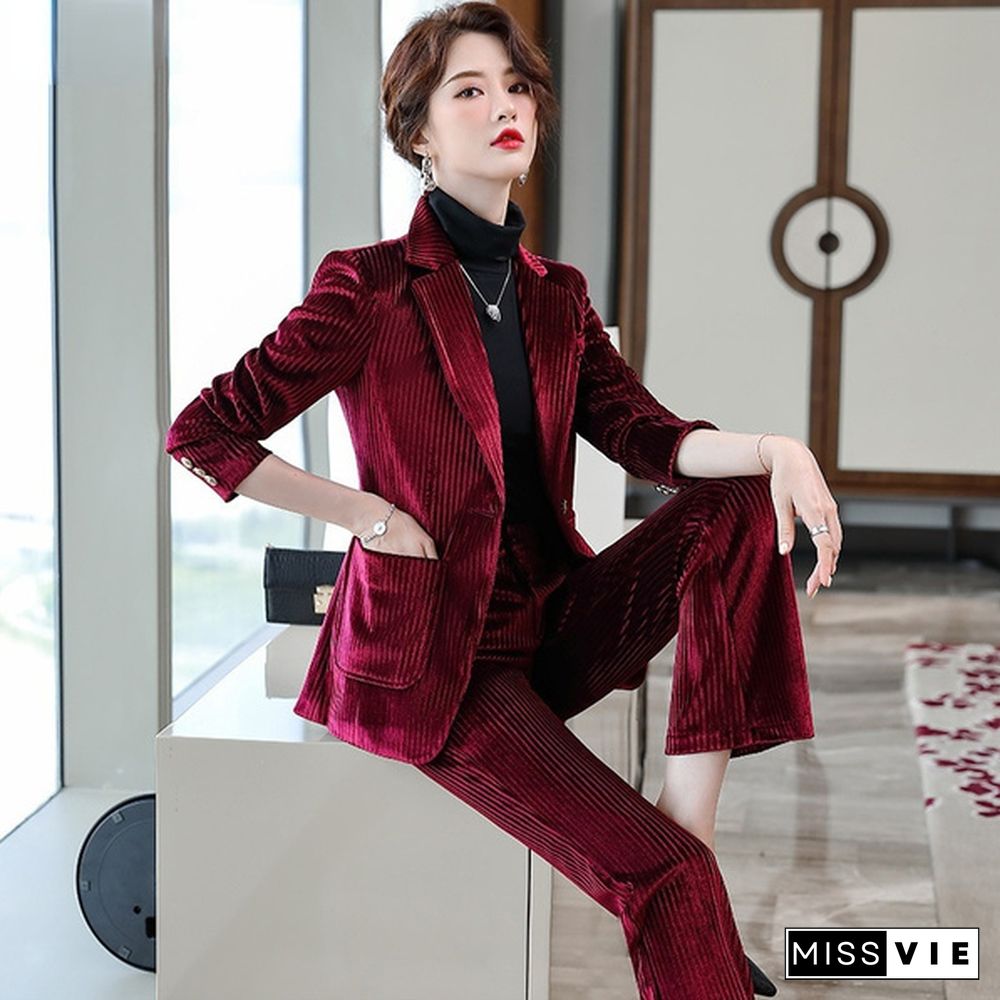 Women Flare Pants Trousers Bell-Bottoms Suit Set Velvet Blazer Jacket Striped Coat Office Outfits Business Formal