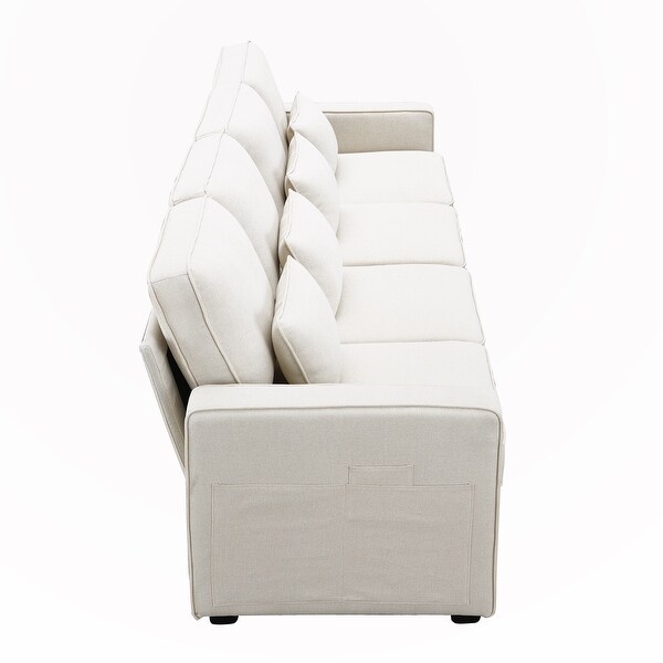 4-Seater Linen Fabric Sofa with Armrest Pockets and 4 Pillows