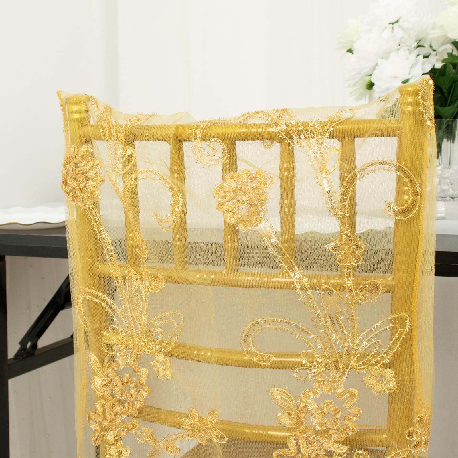 Gold Organza Floral Sequin Embroidered Wedding Chiavari Slipcover, Wedding Chair Back Lace Cover