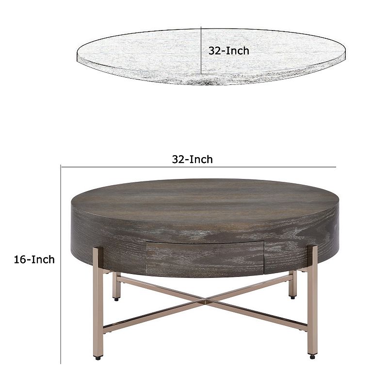 1 Drawer Round Modern Coffee Table with Crossed Metal Legs， Brown and Gold