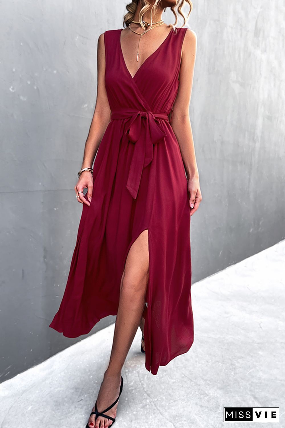 V-neck Cross-tie Sleeveless Slit Dress Wholesale