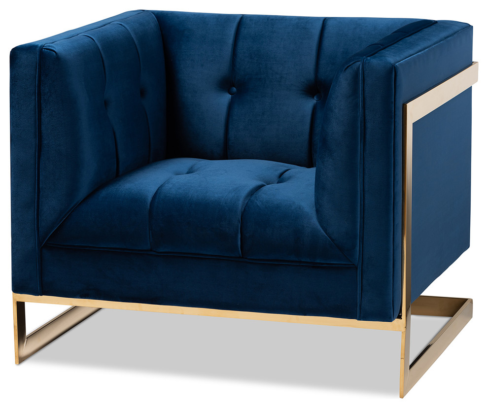 Rolland Royal Blue Velvet Button Tufted Armchair With Gold Tone Frame   Contemporary   Armchairs And Accent Chairs   by Baxton Studio  Houzz