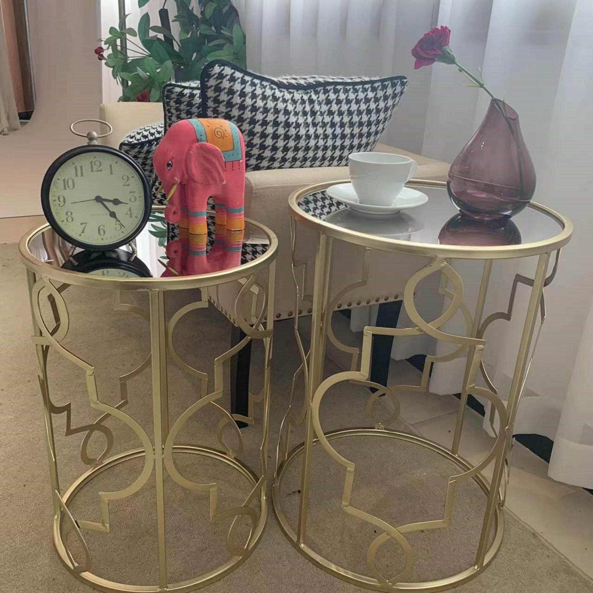 Adeco Goldtone Metal and Glass Nesting Side Table (Set of 2)