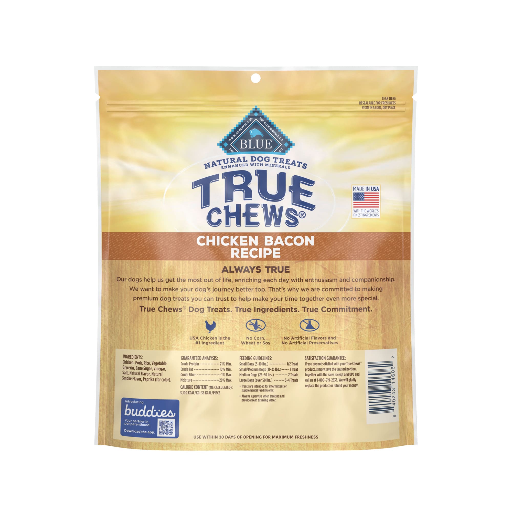 Blue Buffalo True Chews 100% Natural Chicken Bacon Recipe Dog Treats， 22 oz.