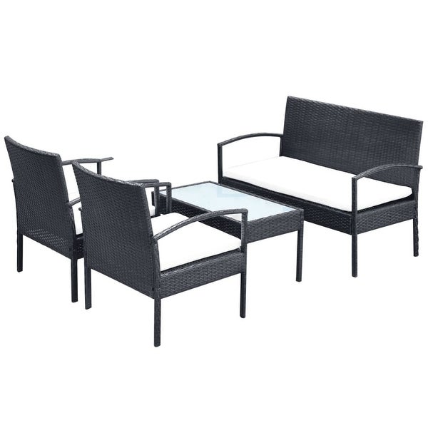 4 Piece Patio Lounge Set with Cushions Poly Rattan Black - Overstock - 36363730