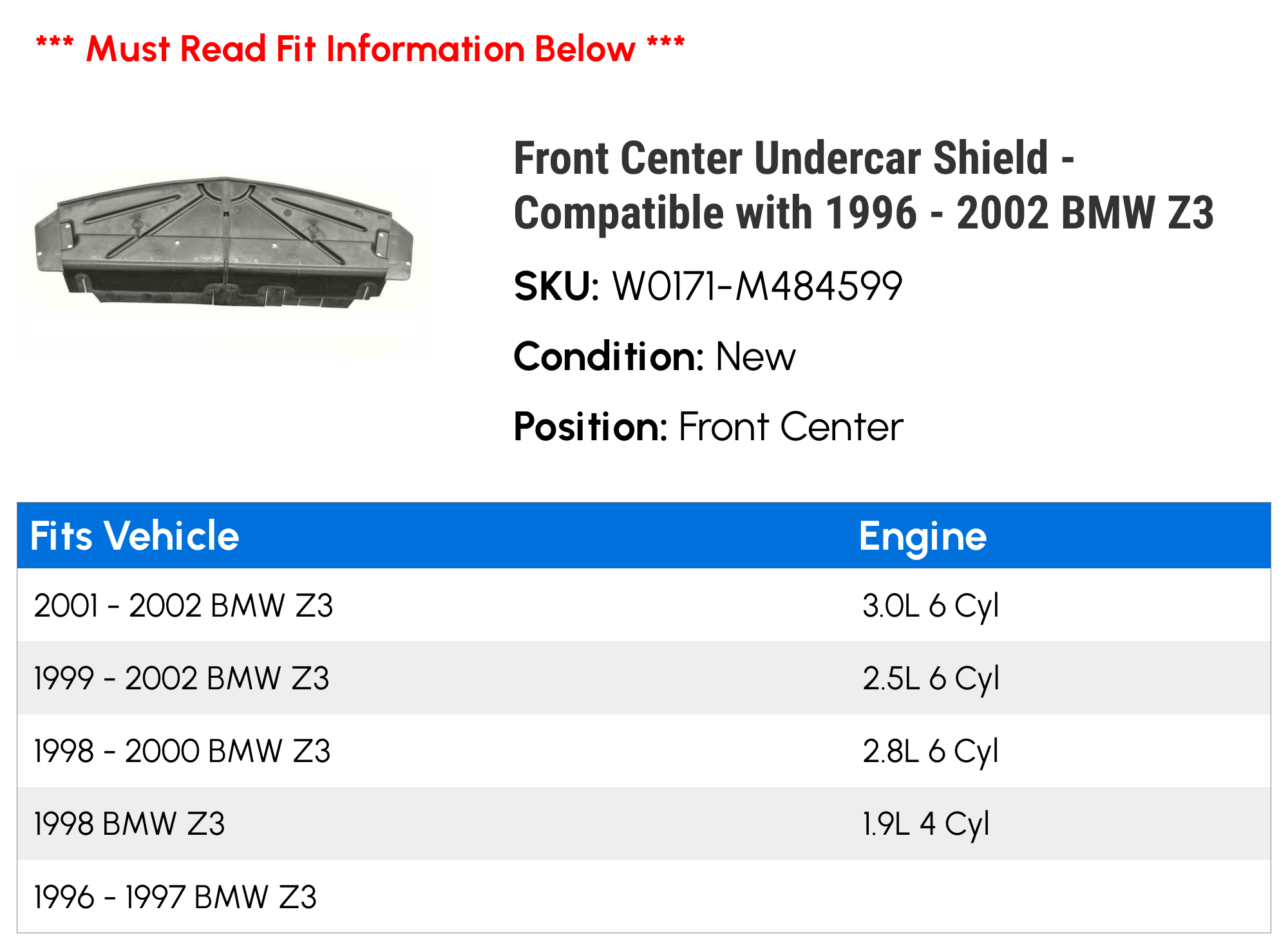 Front Center Undercar Shield - Compatible with 1996 - 2002 BMW Z3 1997 1998 1999 2000 2001