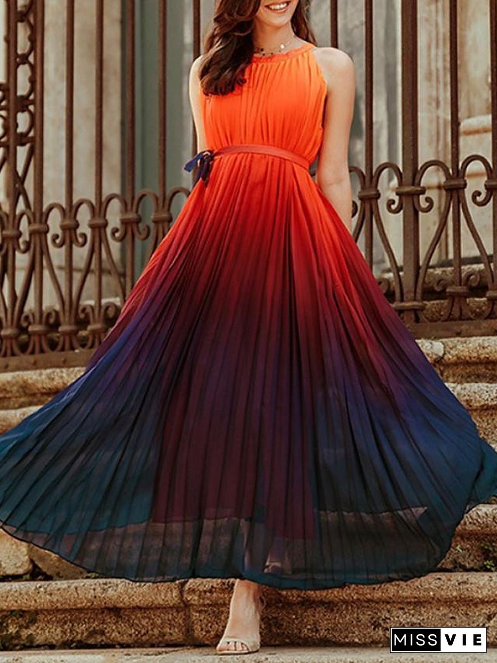 Women's Chiffon Dress Maxi long Dress Sleeveless Color Gradient Summer Work Rainbow S M L XL