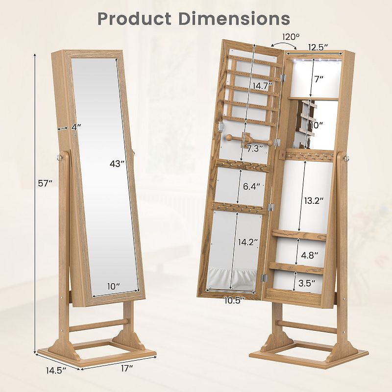 Freestanding Lockable Jewelry Armoire With Full-length Mirror And 6 Led Lights