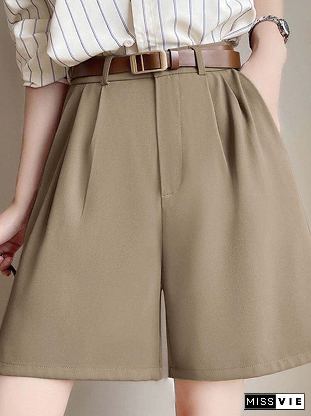 Women Solid Pocket Elastic Waist Back Wide Leg Shorts