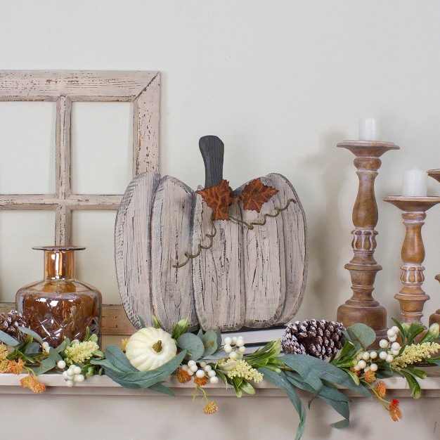 Small White Wooden Fall Harvest Pumpkin With Leaves And Stem