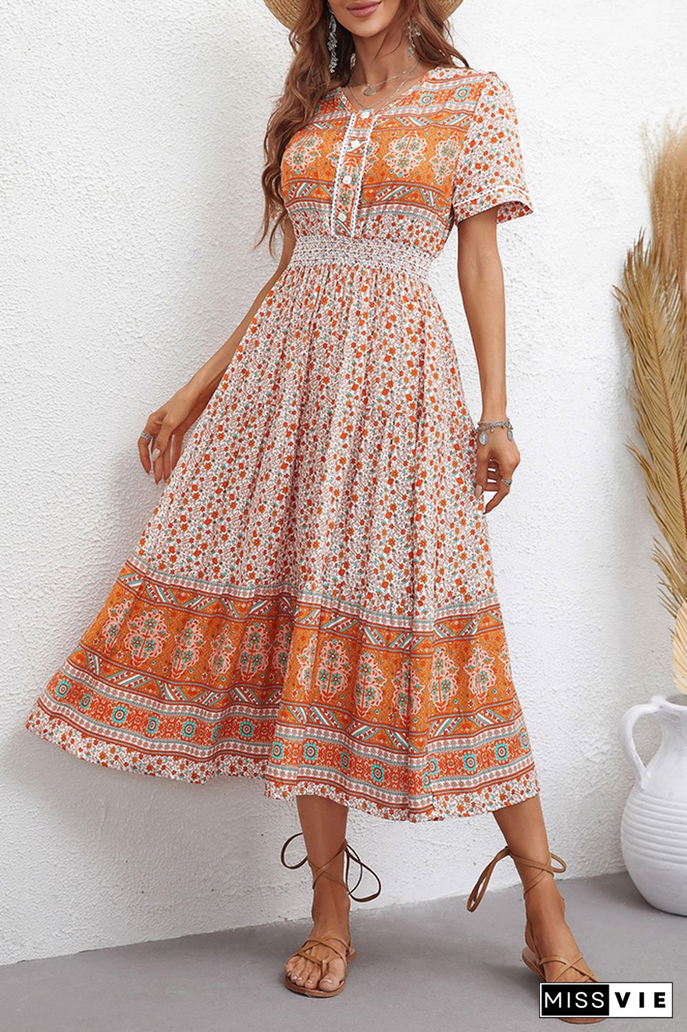 Bohemia Style Vintage Floral Print Midi Dress