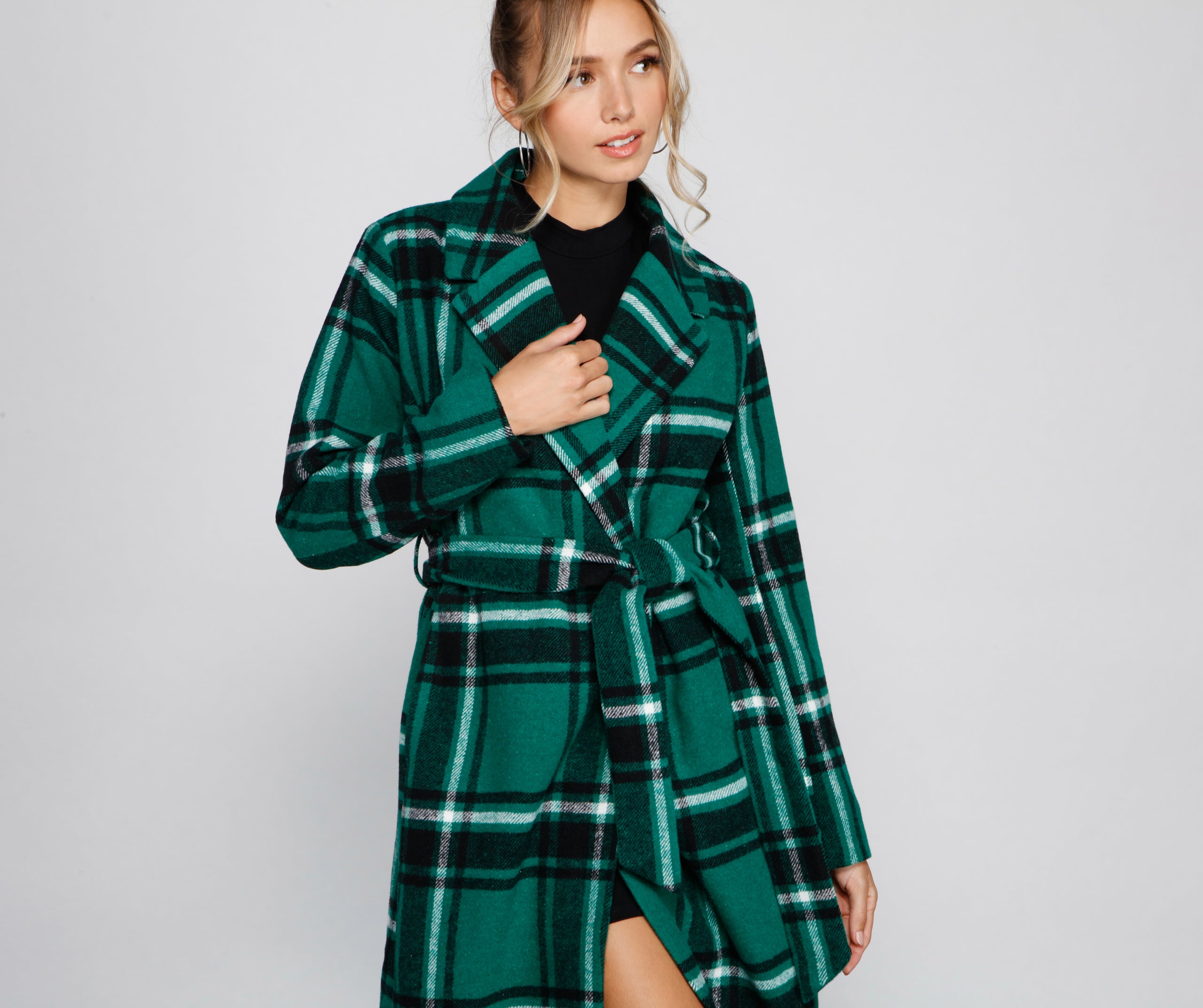 Polished In Plaid Belted Trench Coat