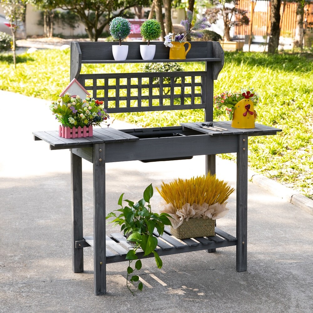 Outsunny 39'' x 18'' x 55'' Wood Garden Potting Work Table with Hidden Storage  Sink Basin    Below Clapboard