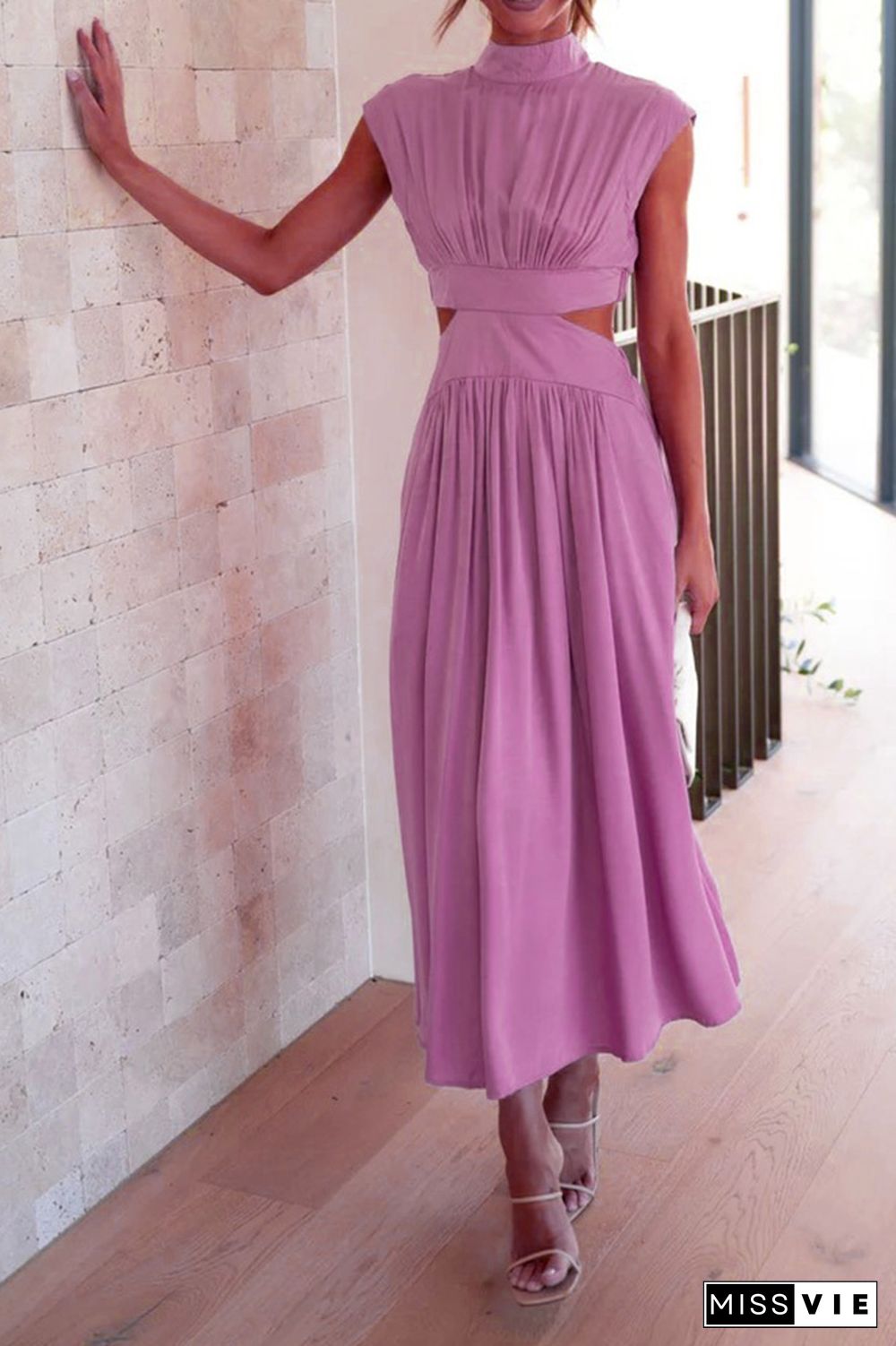 Plain Frilled High Collar Cut Out Waist Maxi Dress