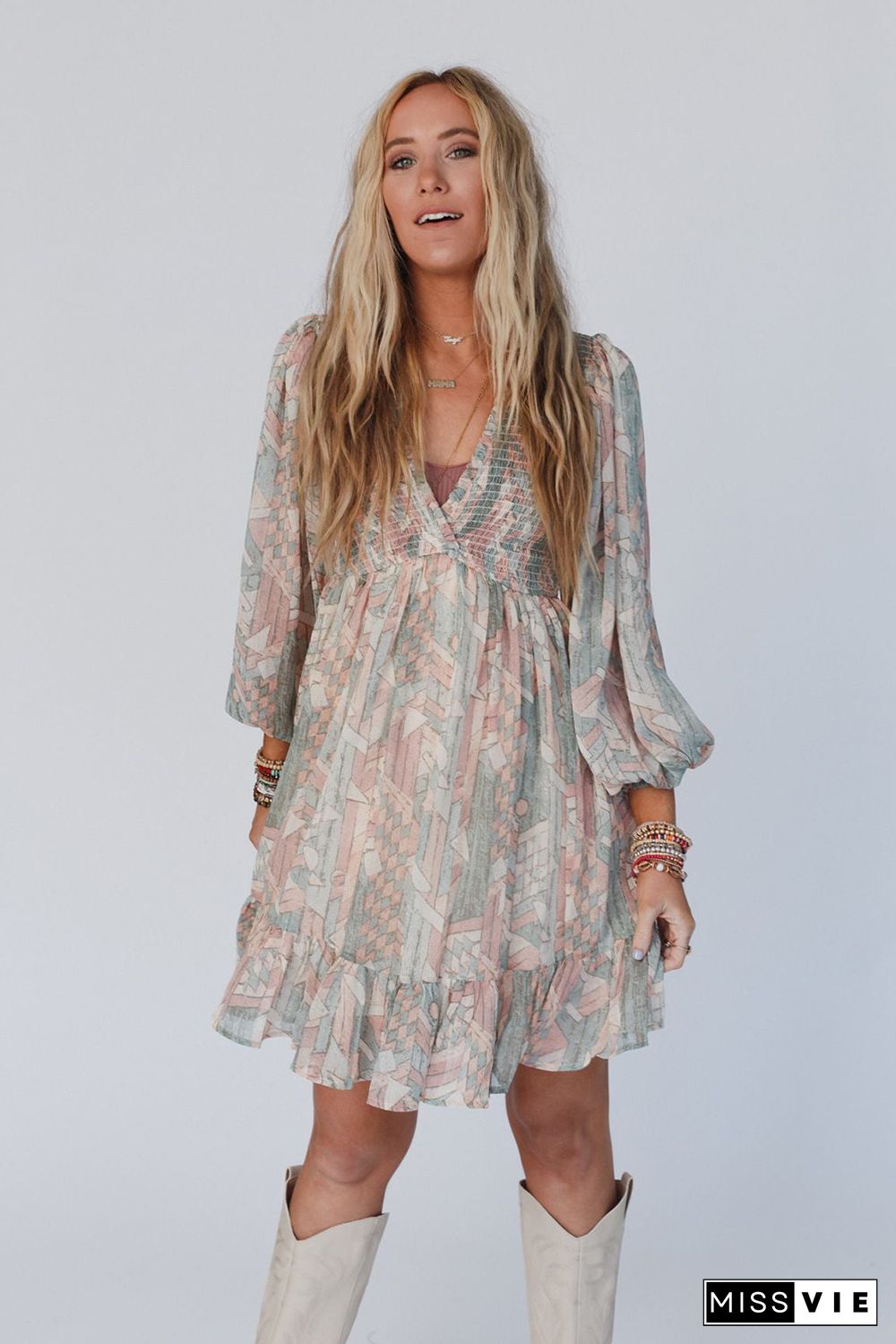 Multicolor Abstract Print Shirred V Neck Ruffle Mini Dress