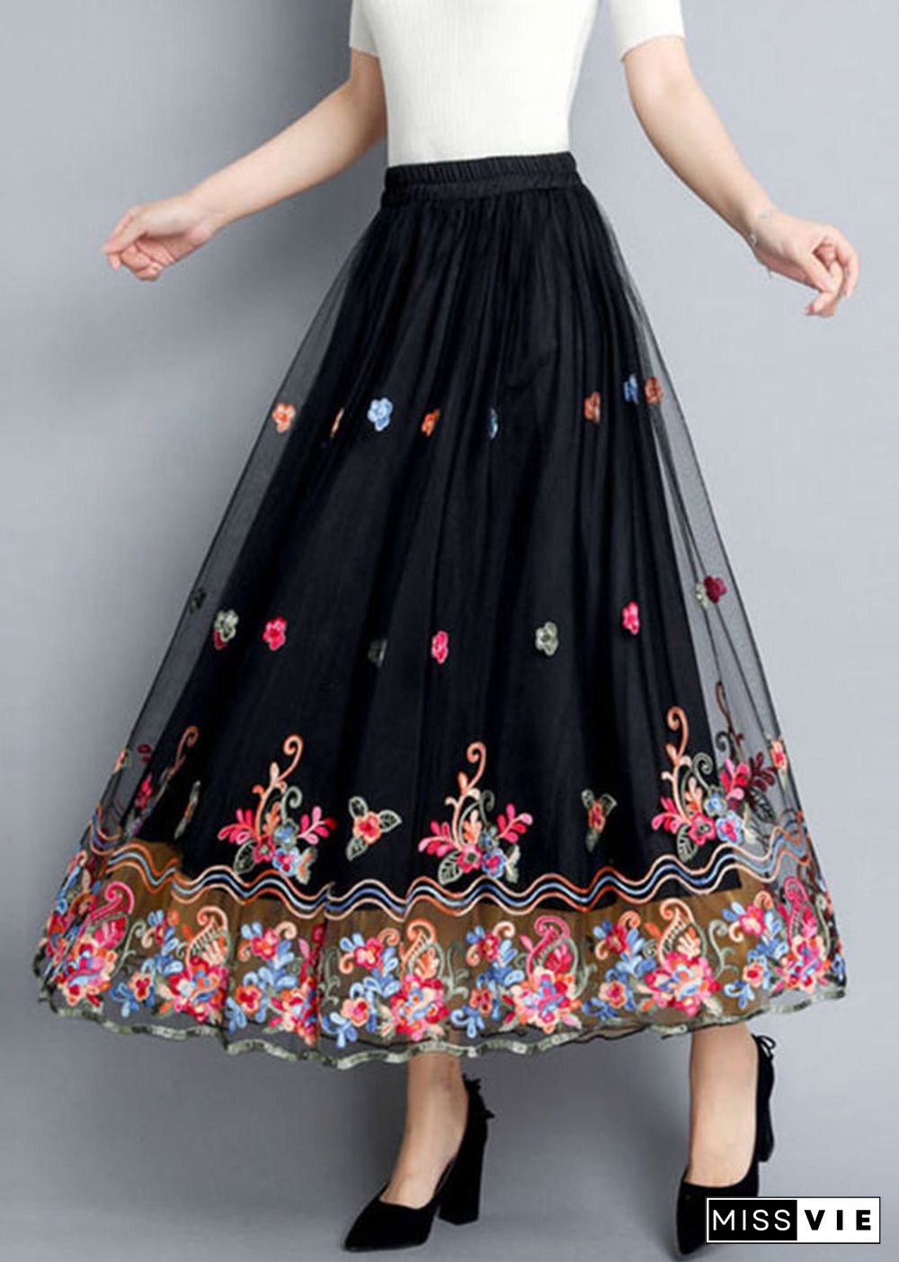 Vintage Black Embroideried Floral Tulle Maxi Skirts Summer