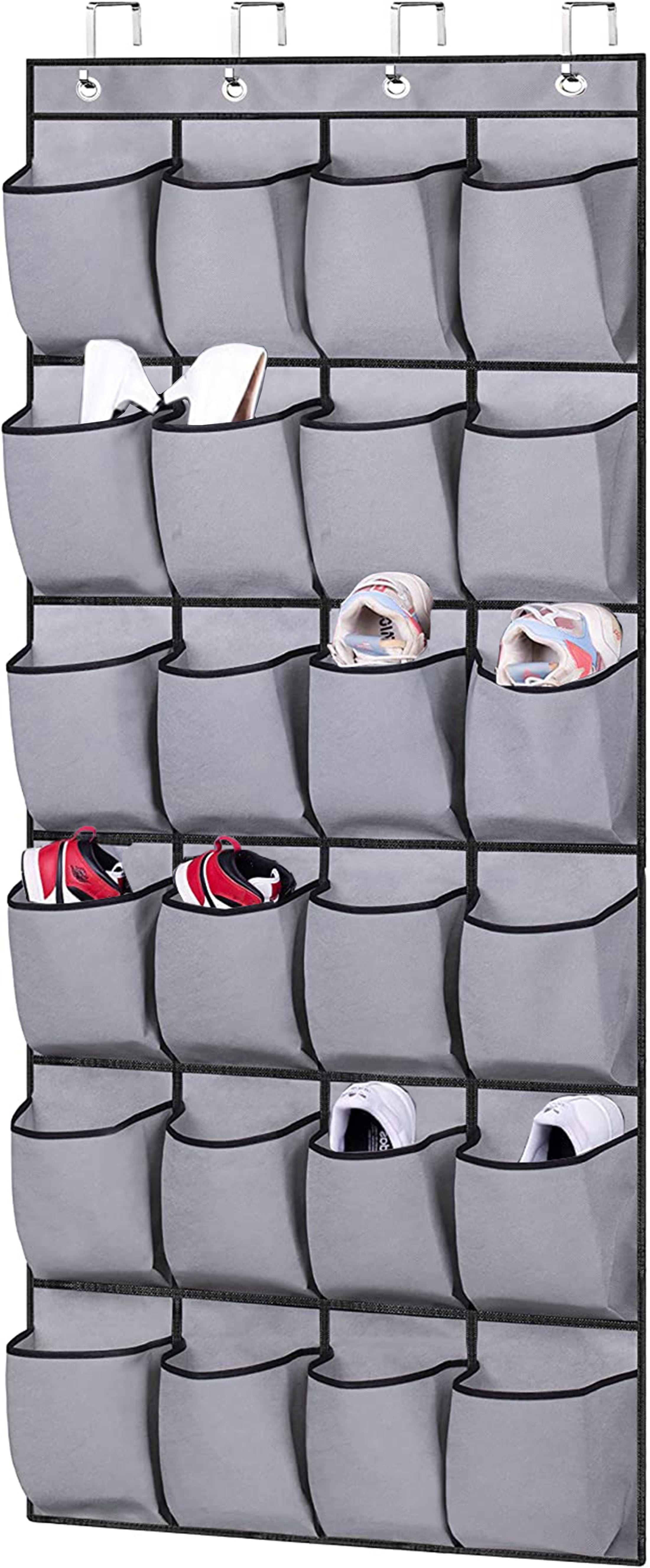 MISSLO Over The Door Shoe Organizer 24 Fabric Pockets Large Hanging Shoe Rack Hanger Holder for Closet Storage with 4 Over Door Hooks， Gray