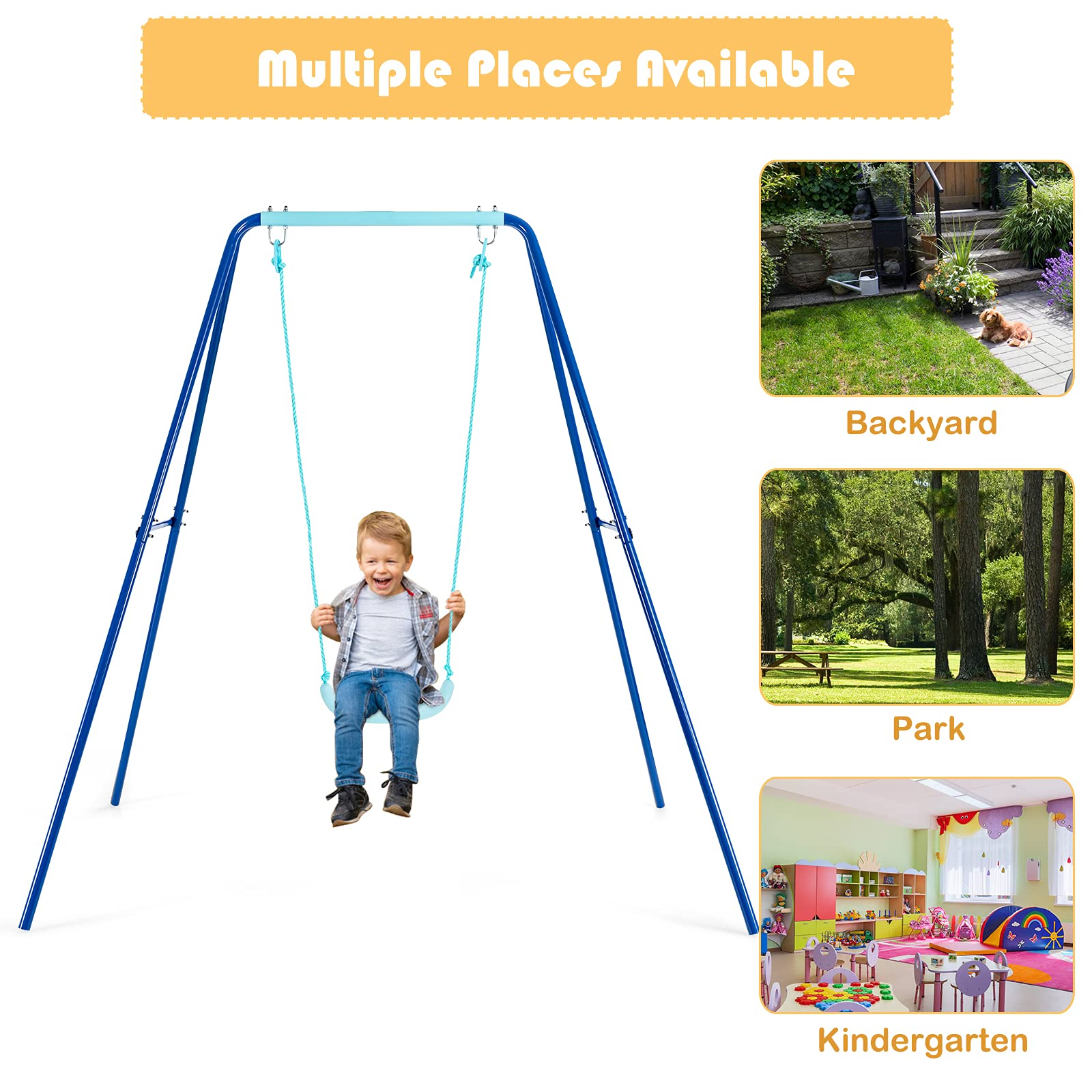 Costzon Swing Frame Stand with Swing Seat, A-Frame Swing Sets for Backyard All Weather w/Ground Stakes