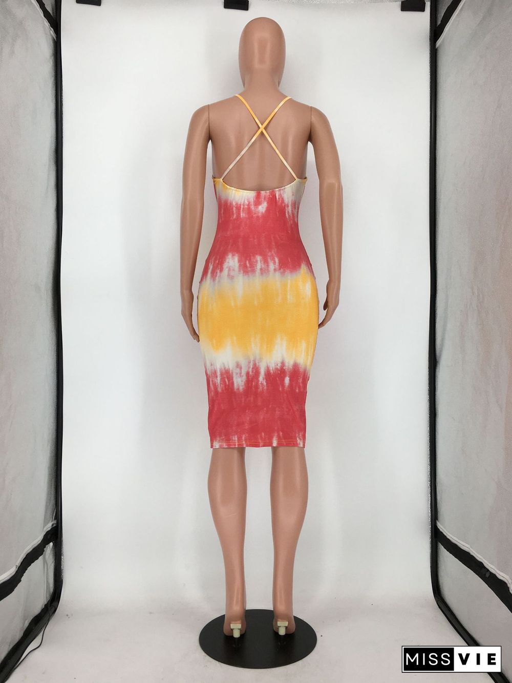 Tie Dye Print Spaghetti Strap Backless Bodycon Dress