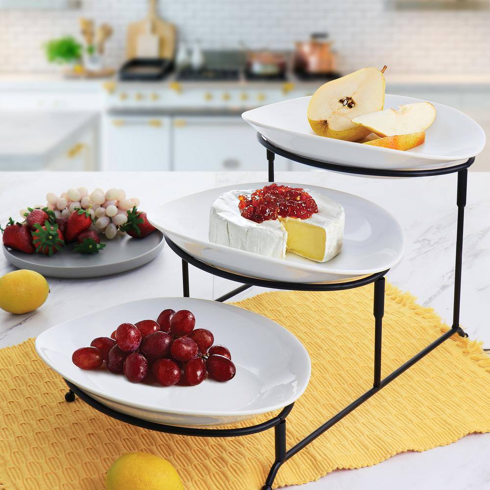 Elama 19 in. L x 10.5 in. W x 8.5 in. H Oval White Porcelain 3-Tier Plate Serveware Stand (Set of 4) 985116786M