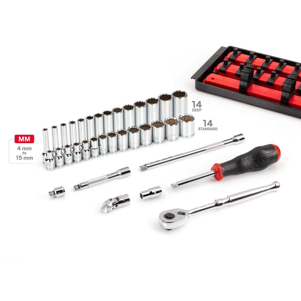 TEKTON 14 in. Drive 12-Point Socket and Ratchet Set with Rails (4 mm-15 mm) (35-Piece) SKT03202