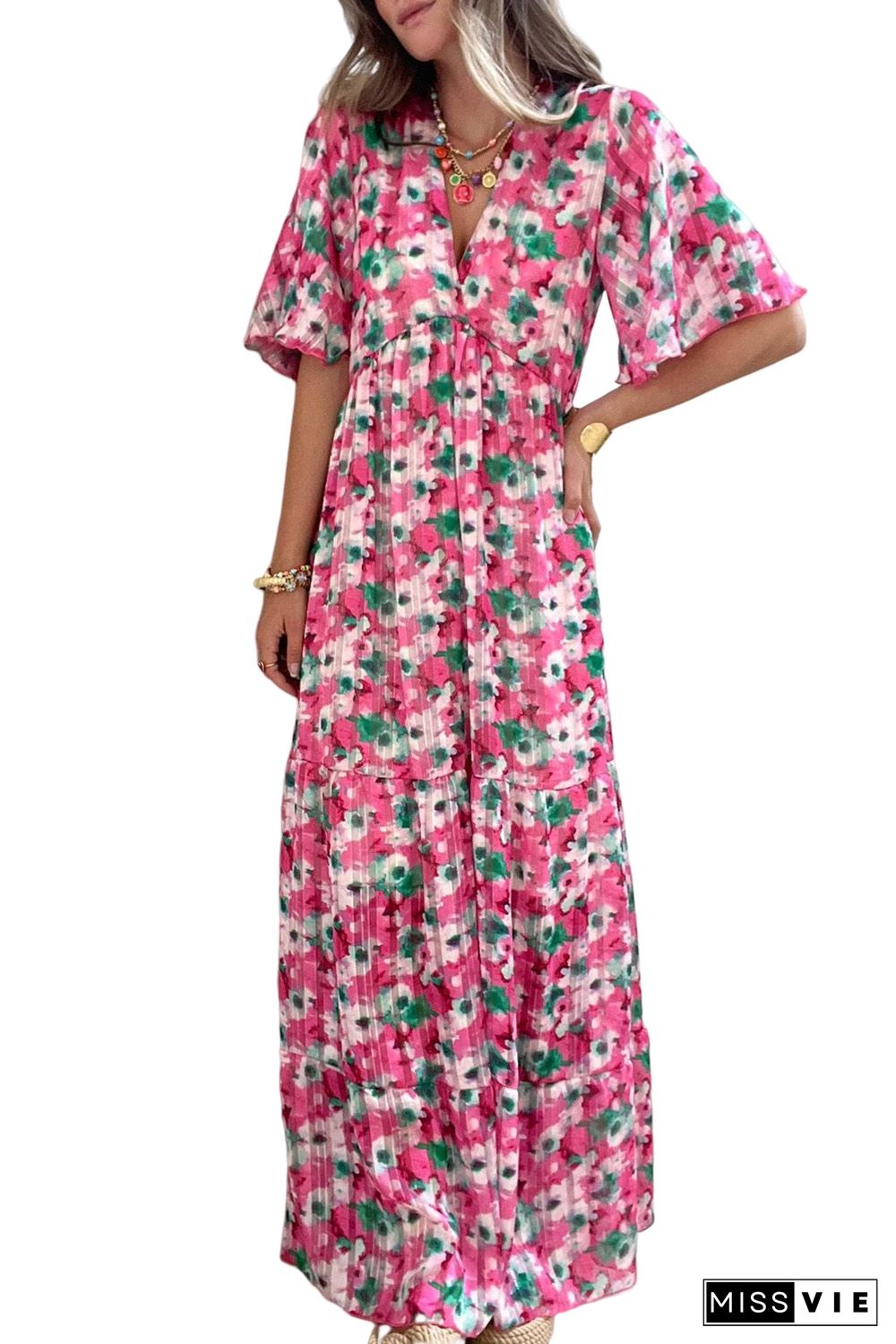 Pink Wide Sleeves Floral Print Maxi Dress