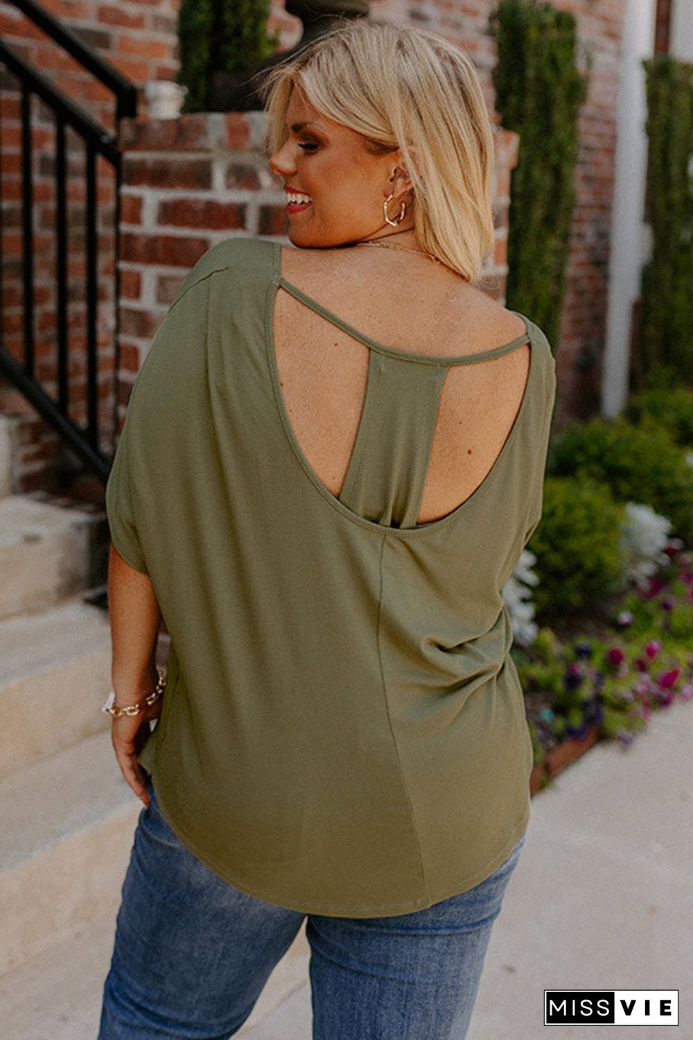 Green Plus Size Hollow-out Back Slouchy Tee